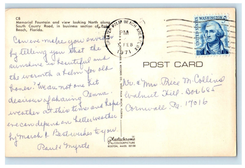 1971 South County Road View, Memorial Fountain, Palm Beach Florida FL Postcard