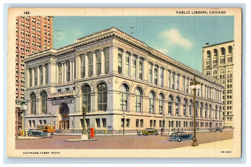 1942 Public Library Building Cars Chicago Illinois IL Posted Vintage Postcard
