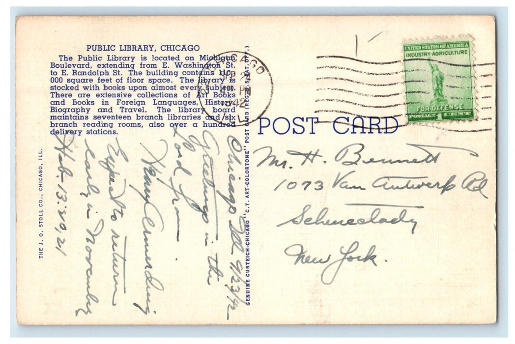 1942 Public Library Building Cars Chicago Illinois IL Posted Vintage Postcard