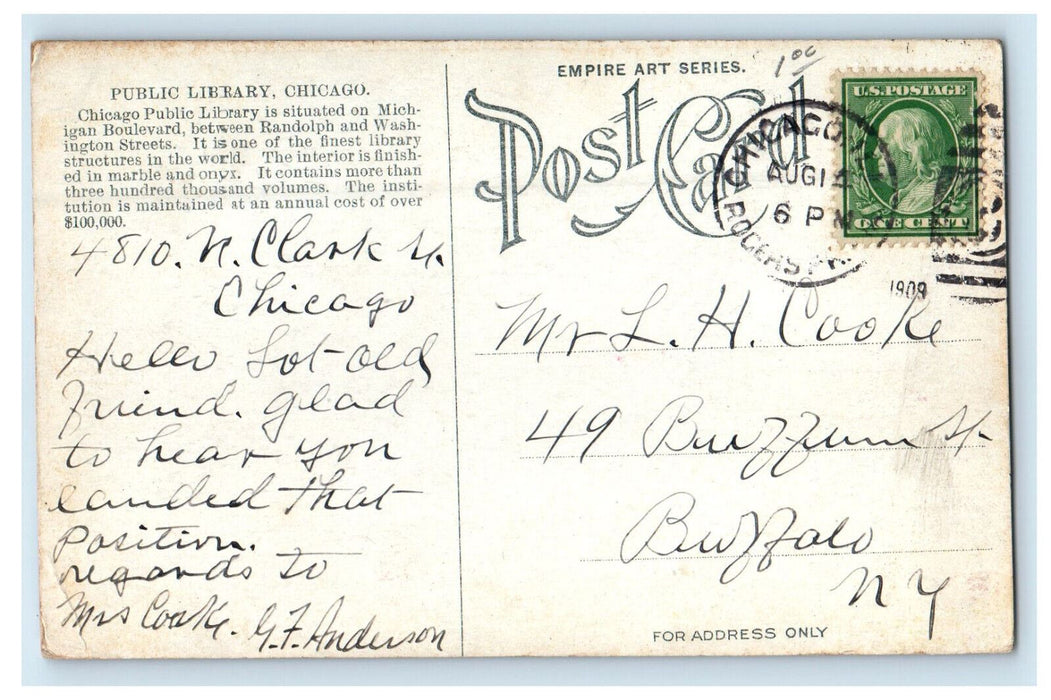 1909 Public Library, Chicago IL Empire Art Series Posted Antique Postcard