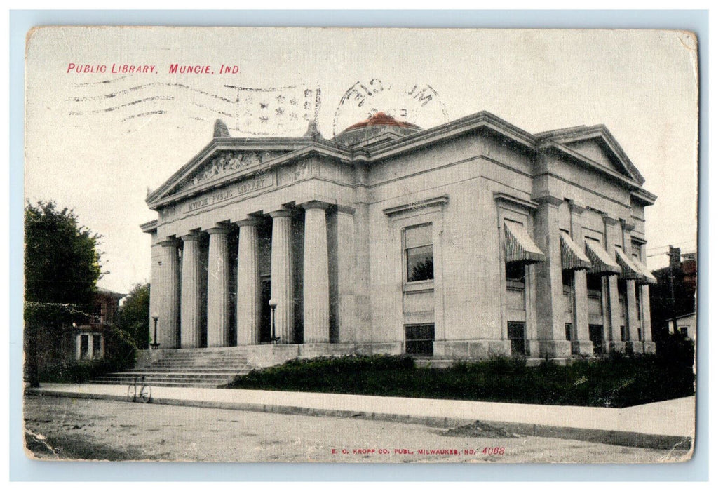 1907 Public Library, Muncie Indiana IN Posted EC Kroff Co. Posted Postcard