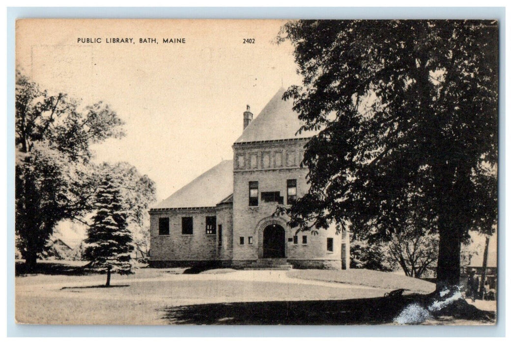 c1940's Public Library Building Bath Maine ME Unposted Vintage Postcard
