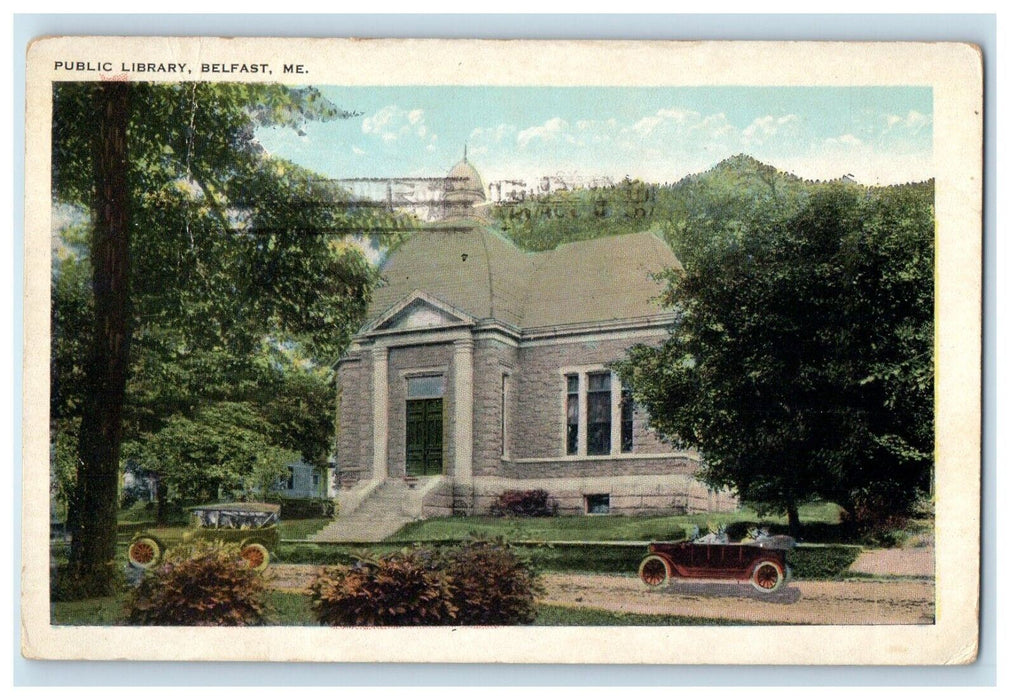 1942 Public Library Building Cars Belfast Maine ME Posted Vintage Postcard