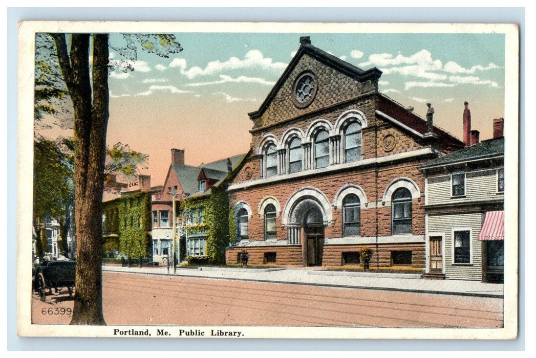Portland Maine ME, Public Library Building Street View Unposted Antique Postcard