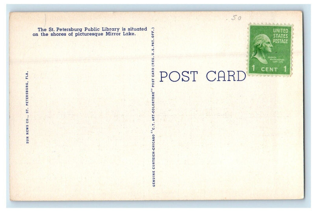 c1940's Public Library Mirror Lake Park St. Petersburg Florida FL Postcard