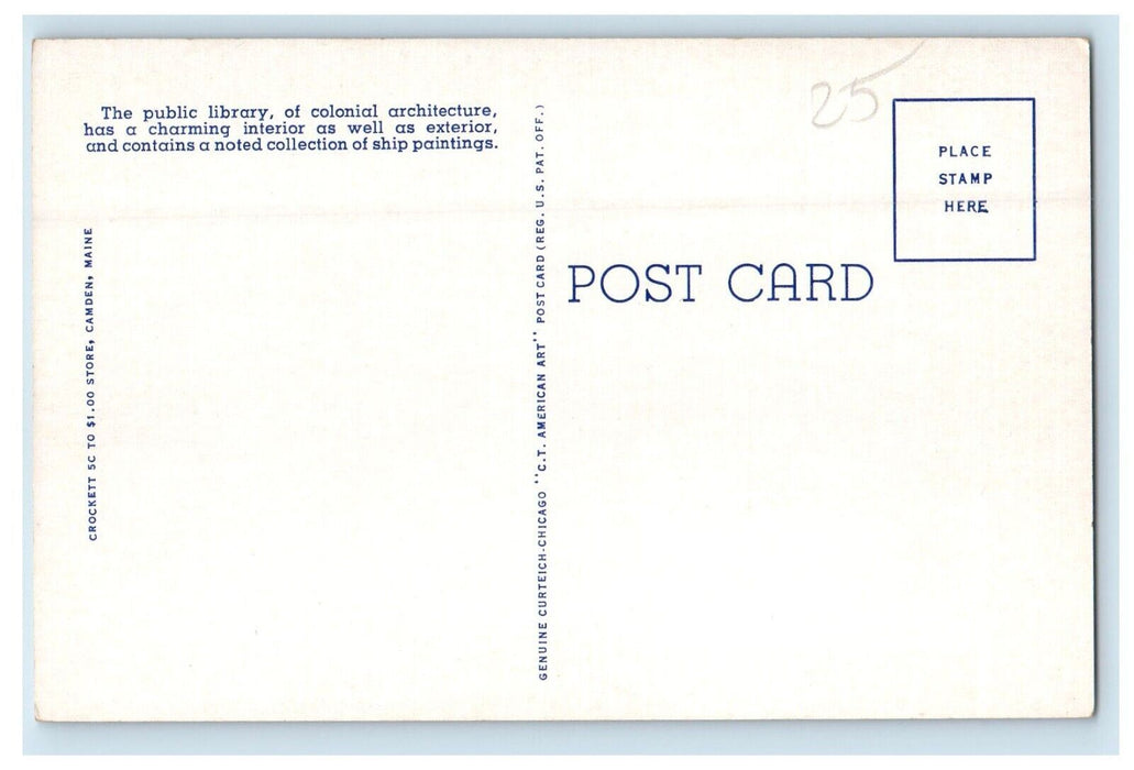 c1940's Public Library Camden Maine ME Unposted Vintage Postcard