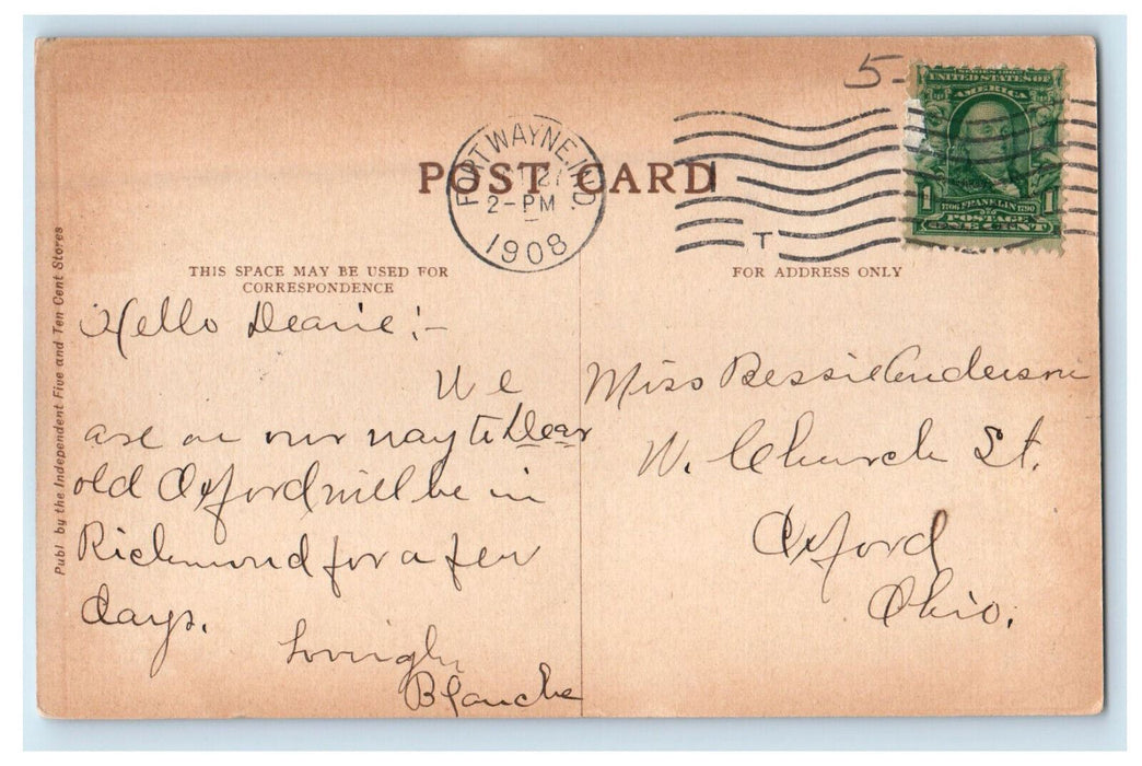 1908 Public Library, Fort Wayne Indiana IN Posted Antique Postcard