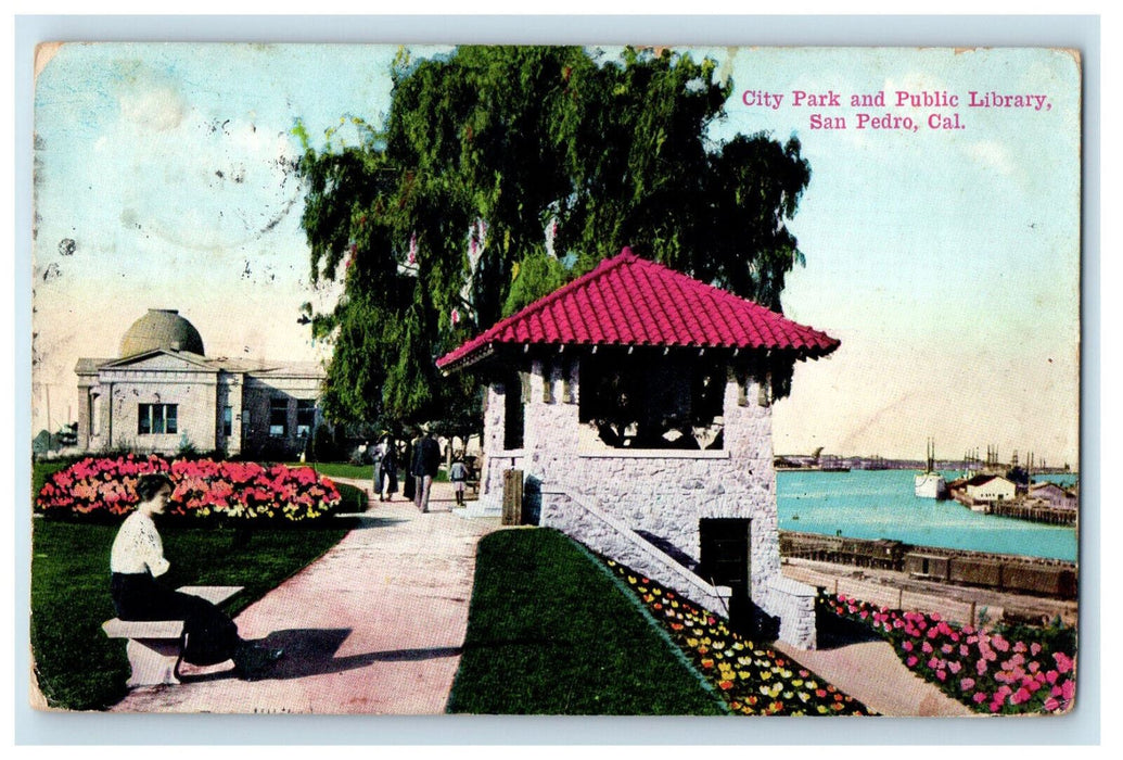1914 City Park and Public Library, San Pedro California CA Posted Postcard