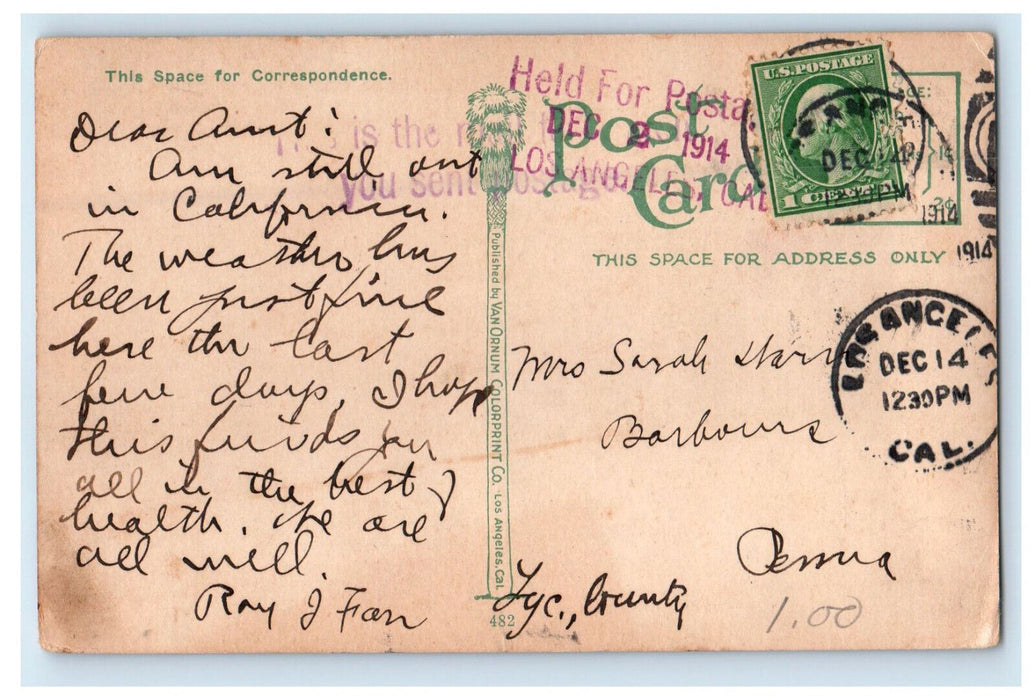 1914 City Park and Public Library, San Pedro California CA Posted Postcard