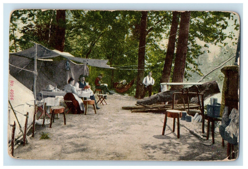 1908 Camping Gathering Along River Tents Hammock Illinois IL Antique Postcard