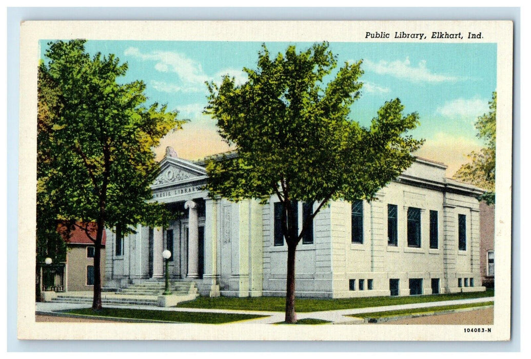 c1940's Public Library Building Trees Elkhart Indiana IN Vintage Postcard