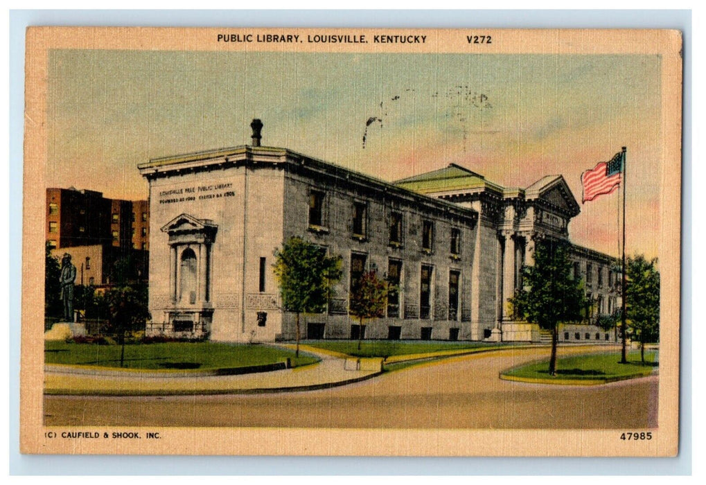 1951 Public Library Street View Flag Louisville Kentucky KY Vintage Postcard