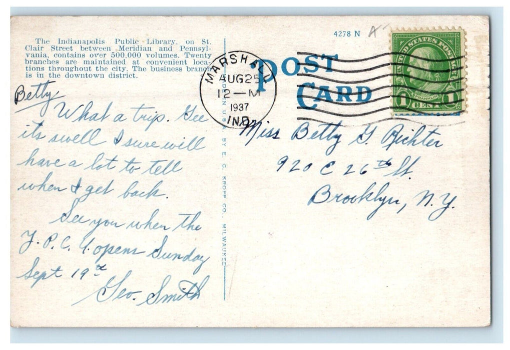 1937 Public Library Building Street View Indianapolis Indiana IN Postcard