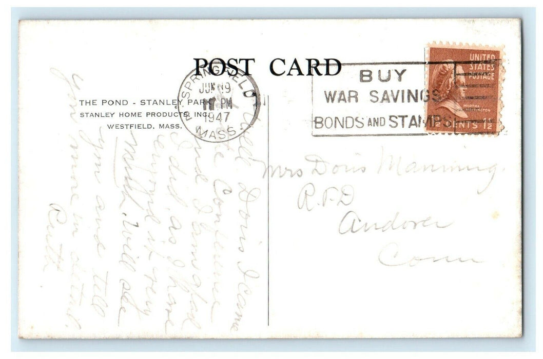 1947 View Of The Pond Stanley Park Westfield Massachusetts MA Vintage Postcard
