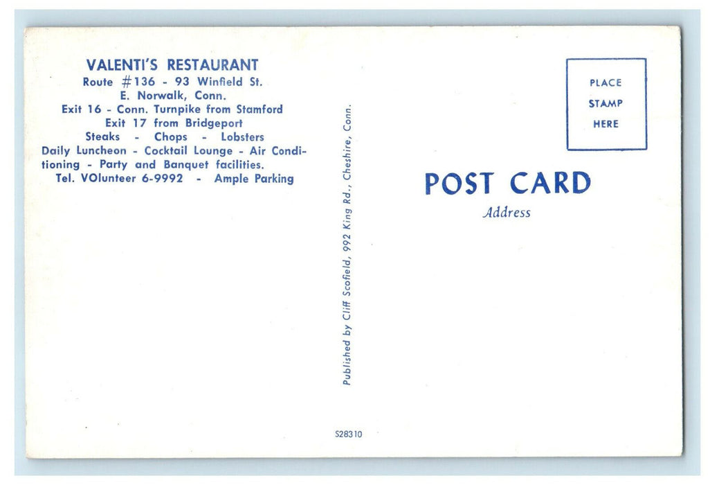 c1960s Valenti's Restaurant Route 136 - 93 Winfield St. E Norwalk CT Postcard