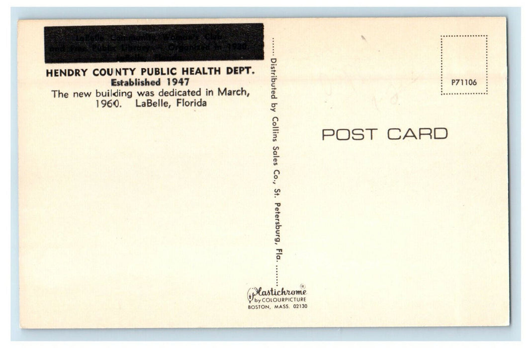 1960 Hendry County Public Health Department LaBelle Florida FL Postcard