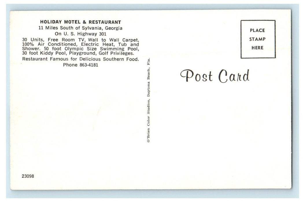 c1960s Holiday Motel & Restaurant Sylvania Georgia GA Unposted Postcard