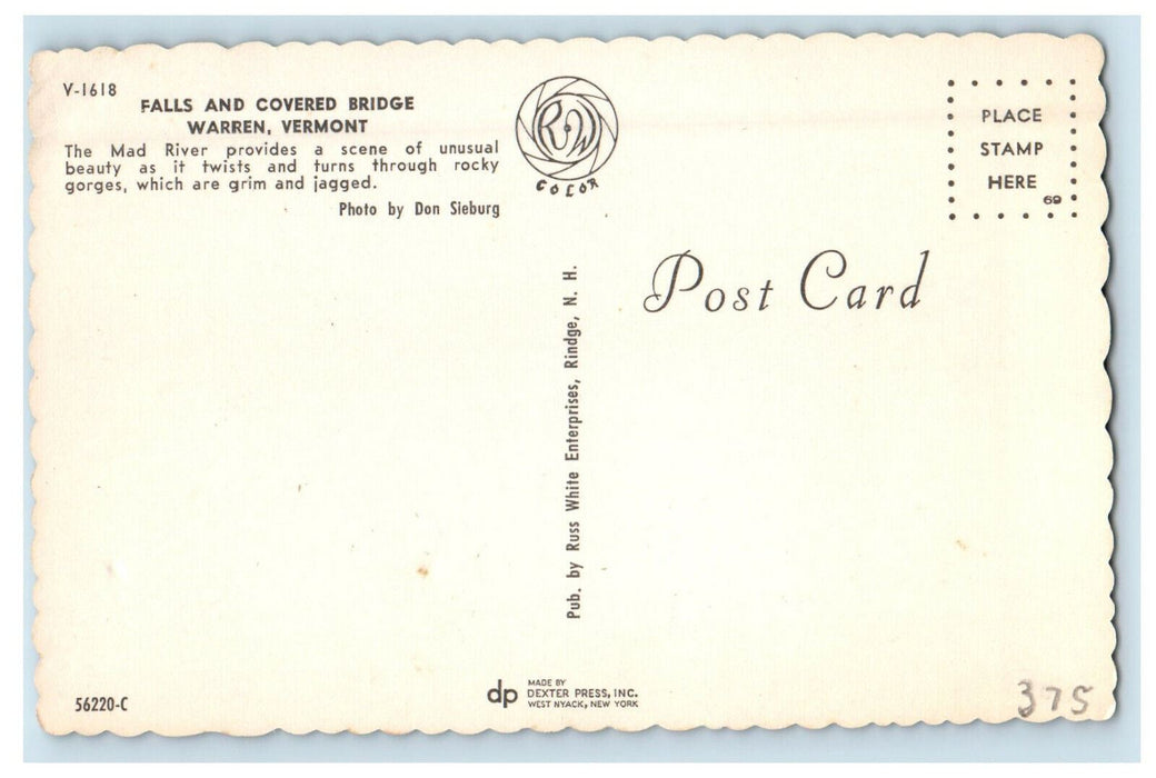 c1960s Falls and Covered Bridge Warren Vermont VT Unposted Vintage Postcard