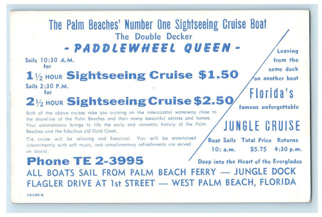 c1960s Cruise Boat, The Palm Beaches Outstanding Attraction Florida FL Postcard