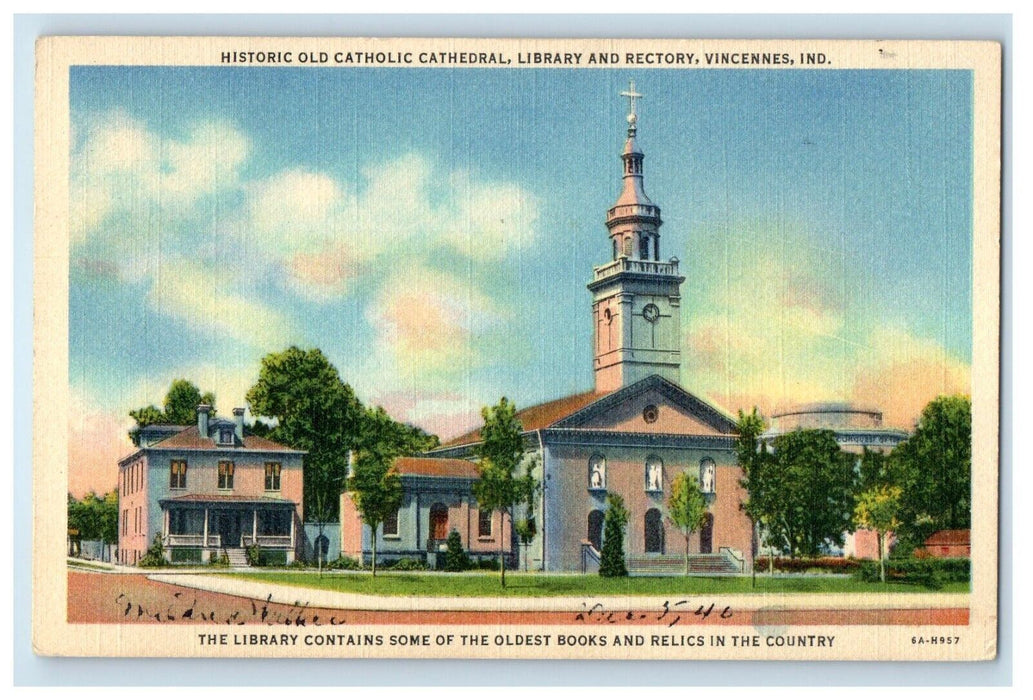 1940 Old Cathedral Library And Rectory Tower Clock Vincennes Indiana IN Postcard