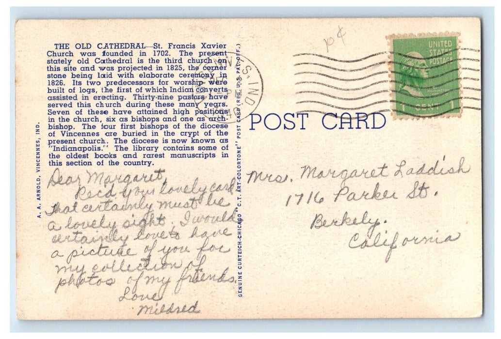 1940 Old Cathedral Library And Rectory Tower Clock Vincennes Indiana IN Postcard