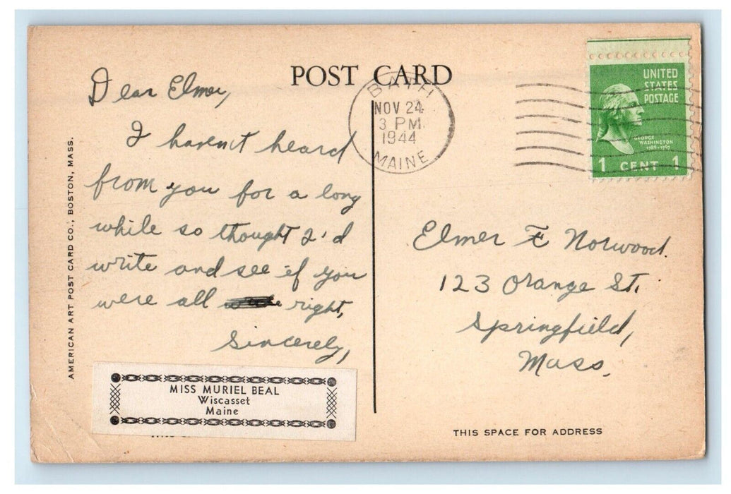 1944 Public Library Building Bath Maine ME Posted Vintage Postcard