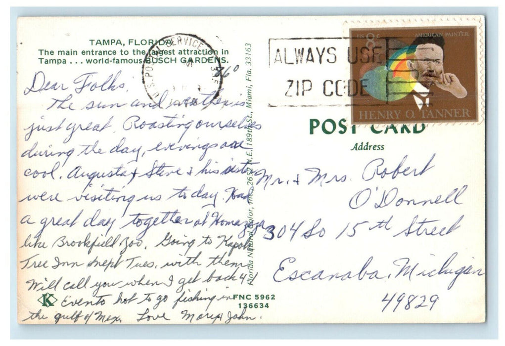 c1960s Main Entrance to Busch Gardens Tampa Florida FL Unposted Postcard