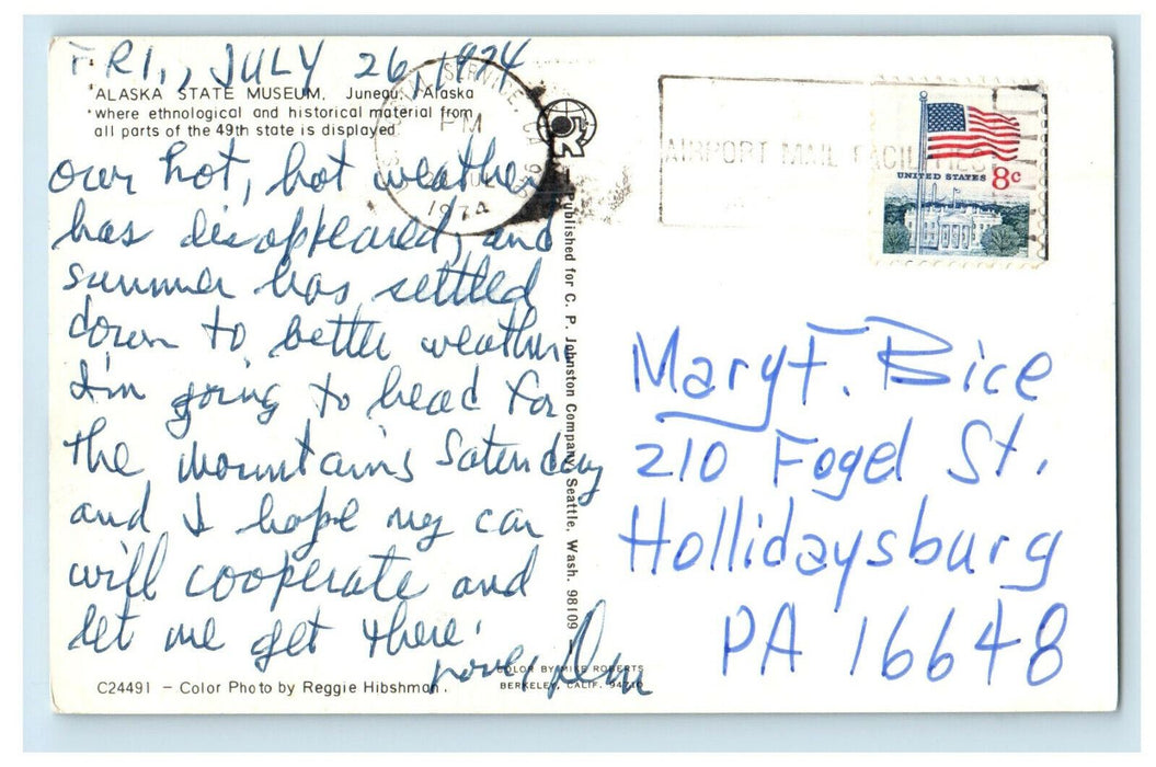 1974 Alaska State Museum Juneau Alaska AK Posted Vintage Cancel Postcard