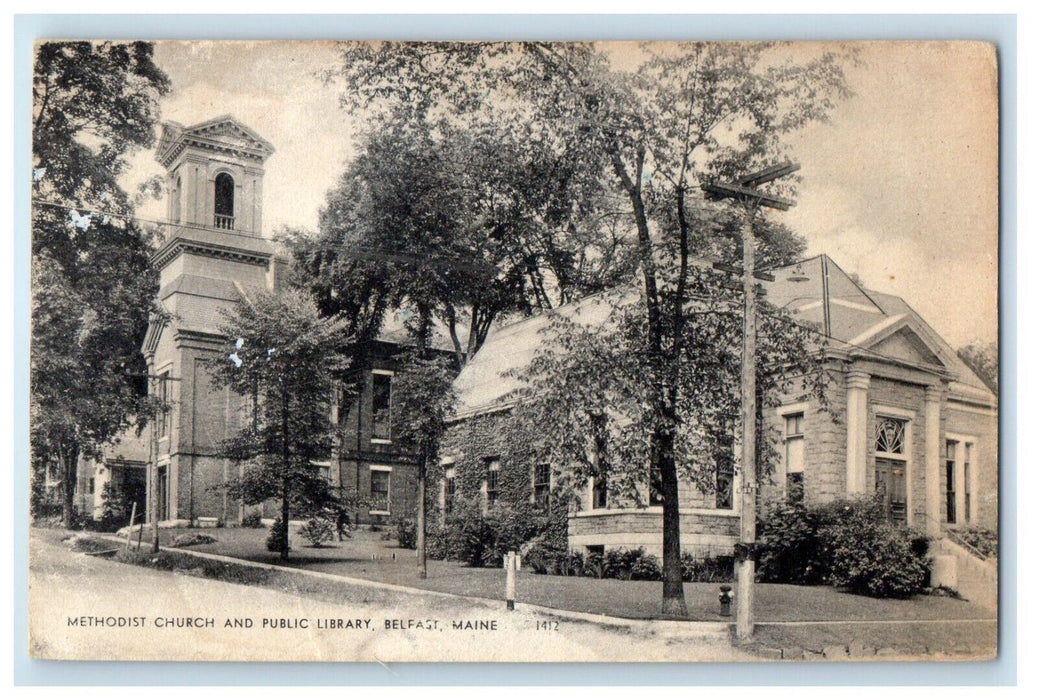 Methodist Church And Public Library Belfast Maine ME Vintage Postcard