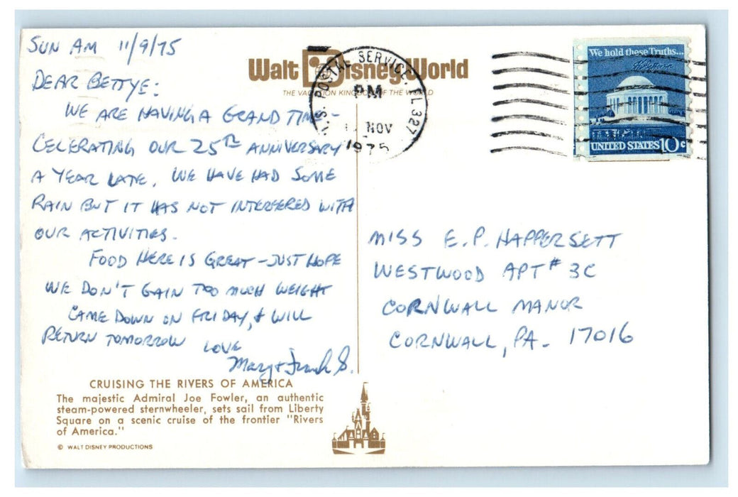 1975 Cruising the Rivers of America, Walt Disney World Florida FL Postcard
