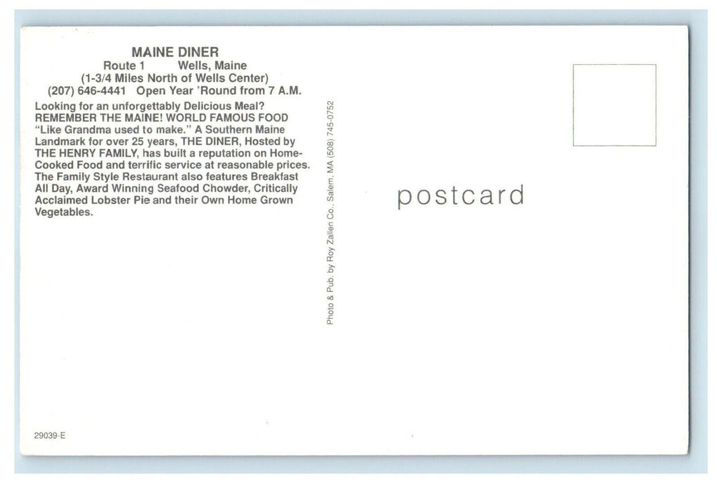 c1960s Maine Dinner Route 1 Wells Maine ME Unposted Vintage Advertising Postcard