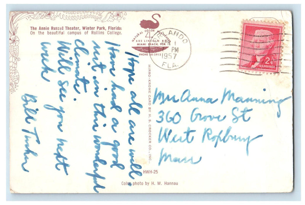 1957 Rollins College, The Annie Russel Theater Winter Park Florida FL Postcard