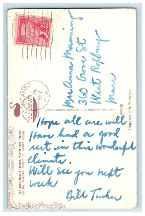 1957 Rollins College, The Annie Russel Theater Winter Park Florida FL Postcard