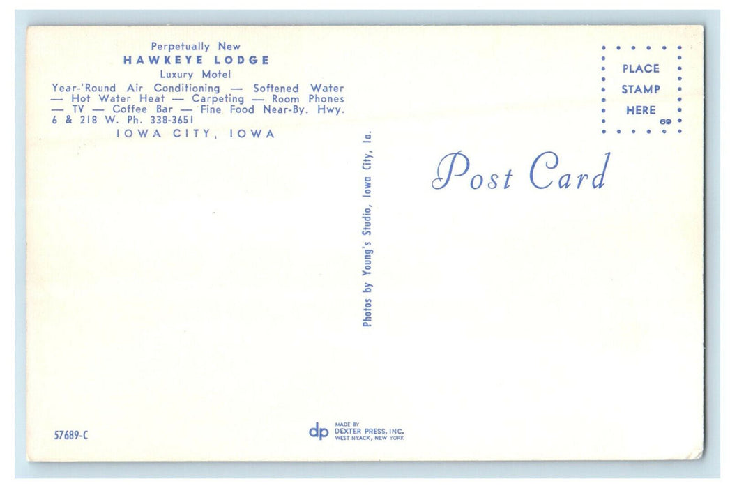 c1960s Hawkeye Lodge Luxury Motel Iowa City Iowa Unposted Vintage Postcard