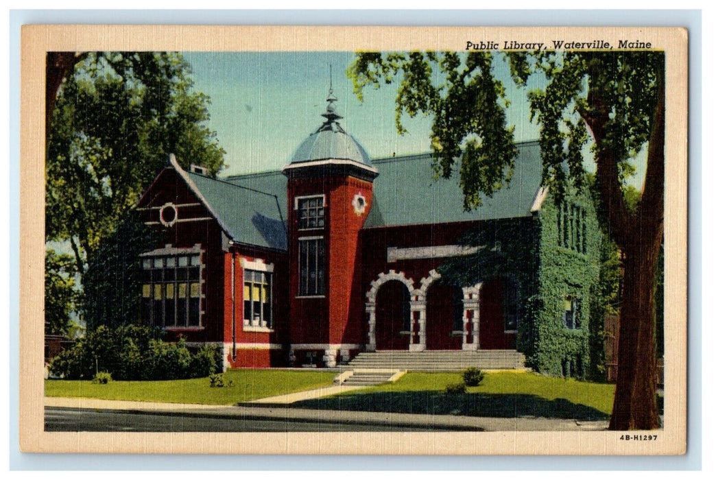 c1940's Public Library Street View Waterville Maine ME Unposted Vintage Postcard