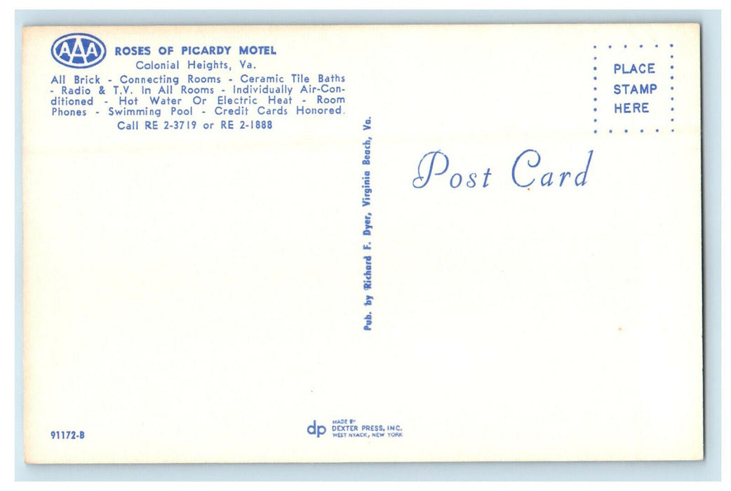 c1960s Roses of Picardy Motel Colonial Heights Virginia VA Unposted Postcard