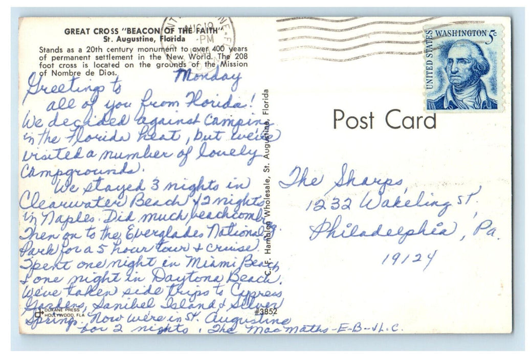 1968 Great Cross Beacon of the Faith St. Augustine Florida FL Postcard