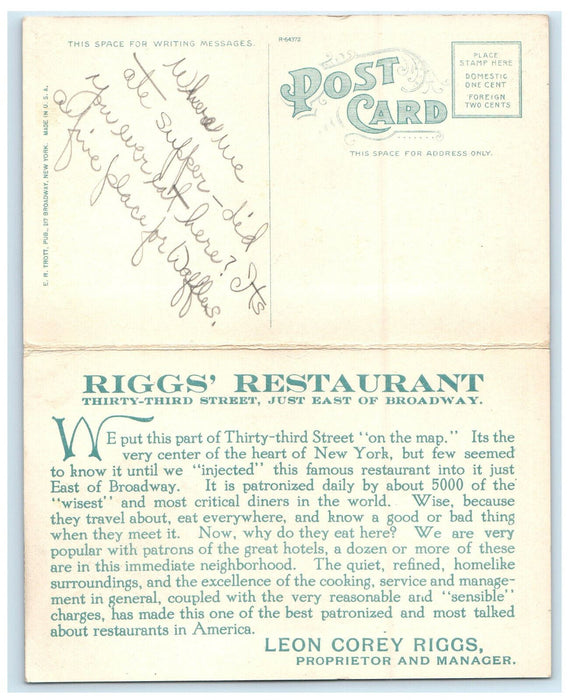 c1920s Rigg's Restaurant East of Broadway NY Bifold Advertising Postcard