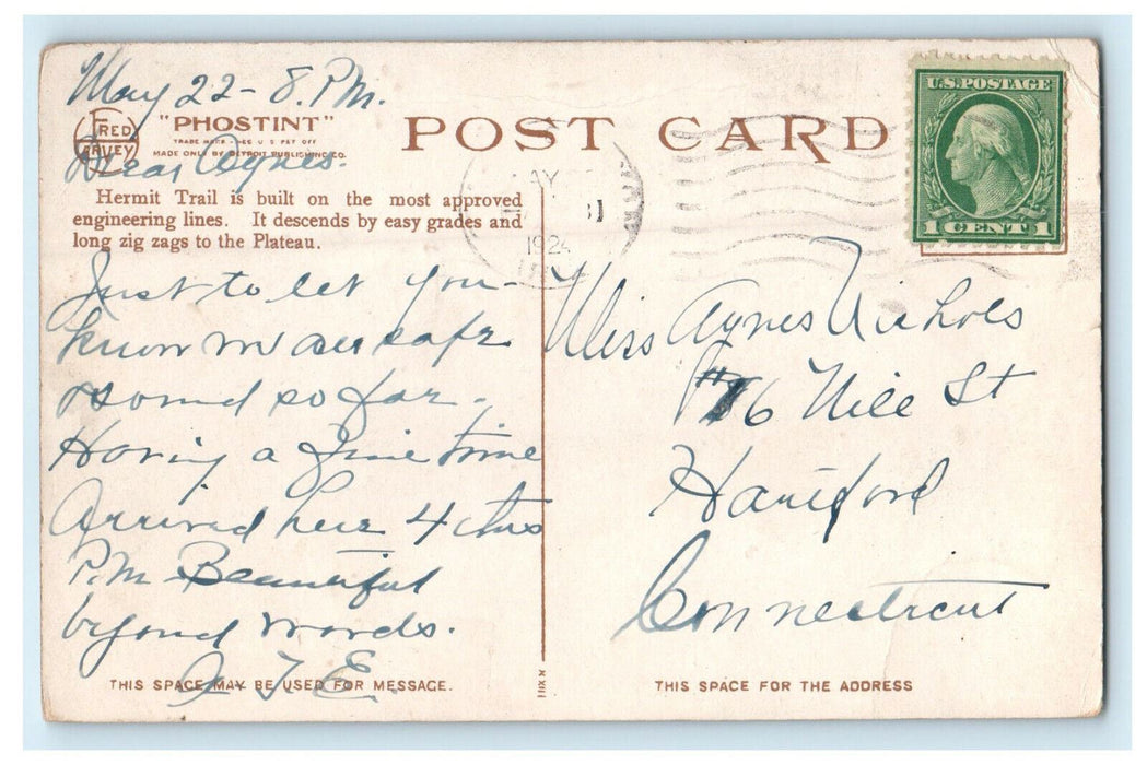 1924 Grand Canyon National Park Arizona AZ Fred Harvey Phostint Posted Postcard
