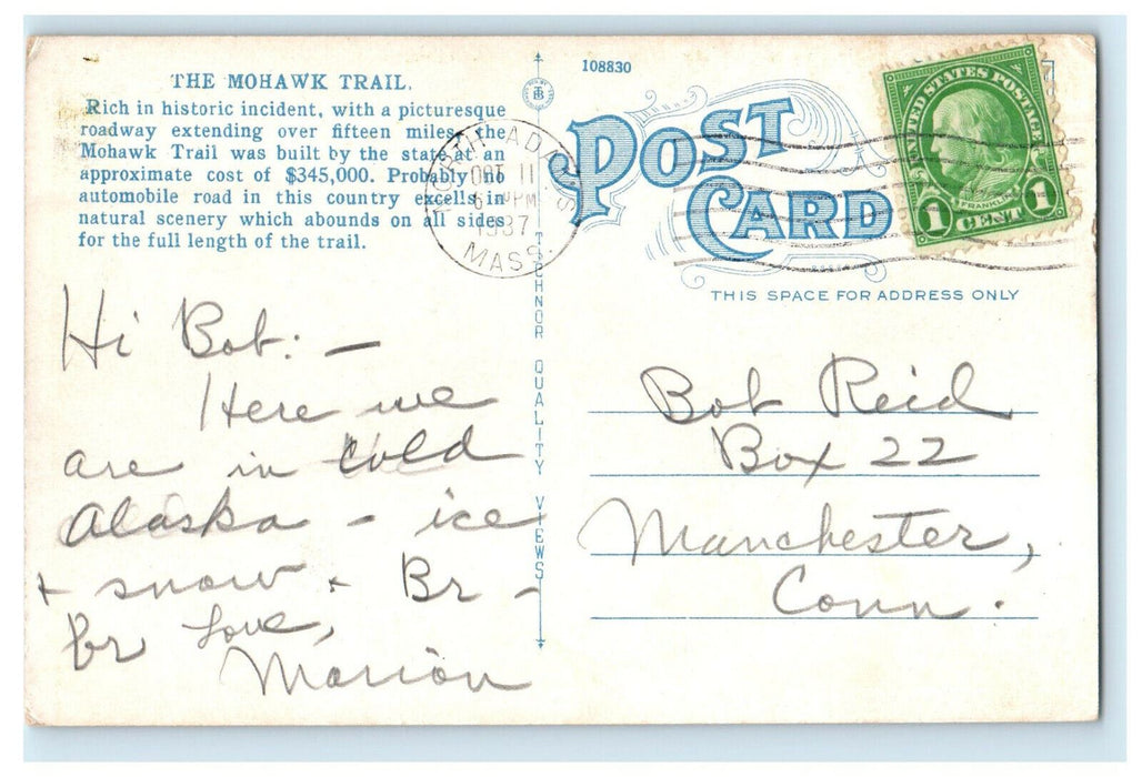 1937 Where Deerfield and Colo Rivers Meet, Mohawk Trail MA Posted Postcard