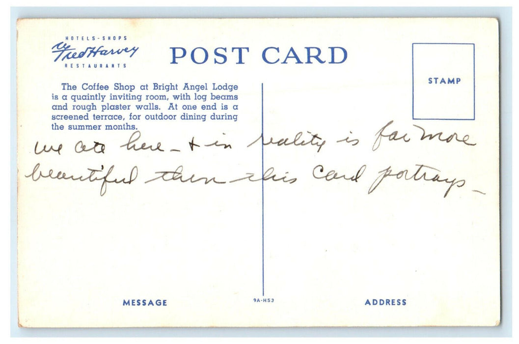 c1940s Bright Angel Lodge, Grand Canyon National Park AZ Fred Harvey Postcard