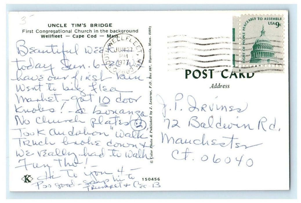 1977 Uncle Tim's Bridge and Church, Wellfleet, Massachusetts MA Postcard