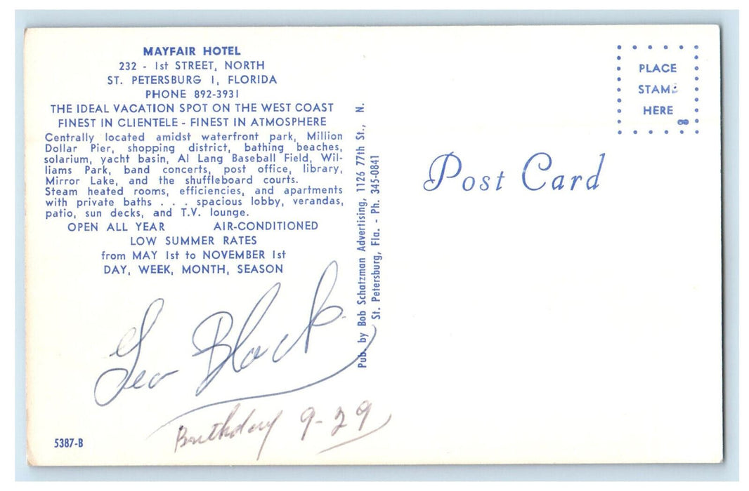 c1960s Mayfair Hotel, 232 1st Street, North St. Petersburg Florida FL Postcard