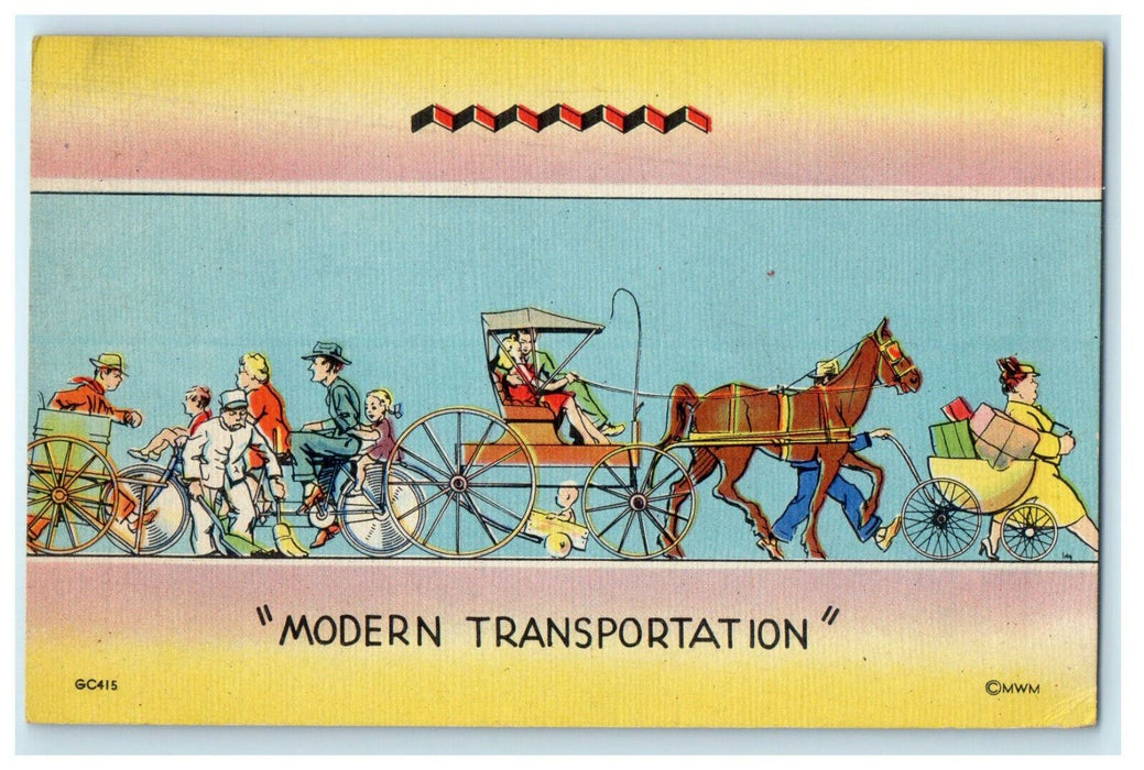 1945 Carriage Scene "Modern Transportation" MWM Comic Postcard