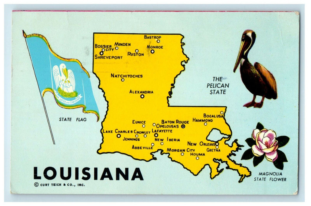1962 State Flag, Pelican, Magnolia Flower, Map of Louisiana LA Cancel Postcard