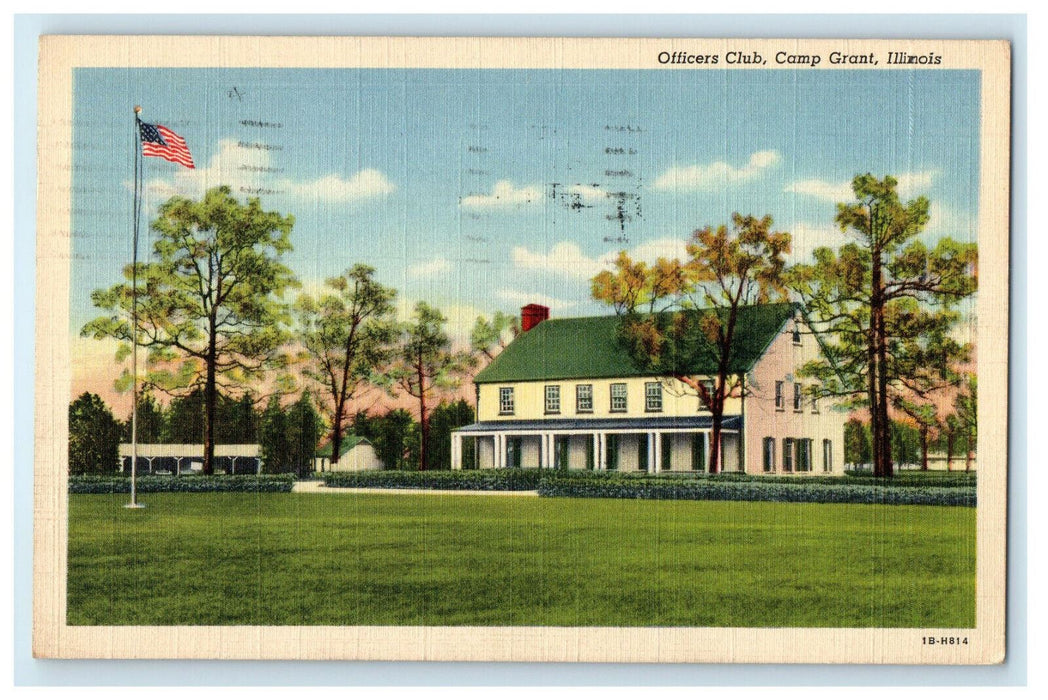 1942 US Flag, Grass View, Officers Club, Camp Grant, Illinois IL Posted Postcard