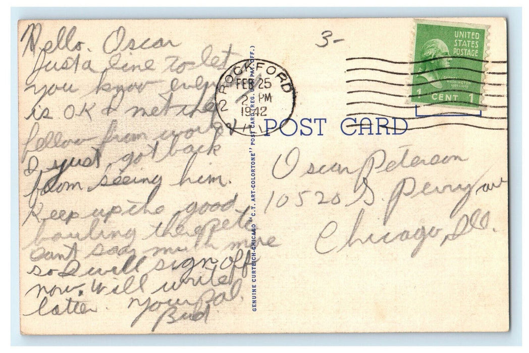1942 US Flag, Grass View, Officers Club, Camp Grant, Illinois IL Posted Postcard