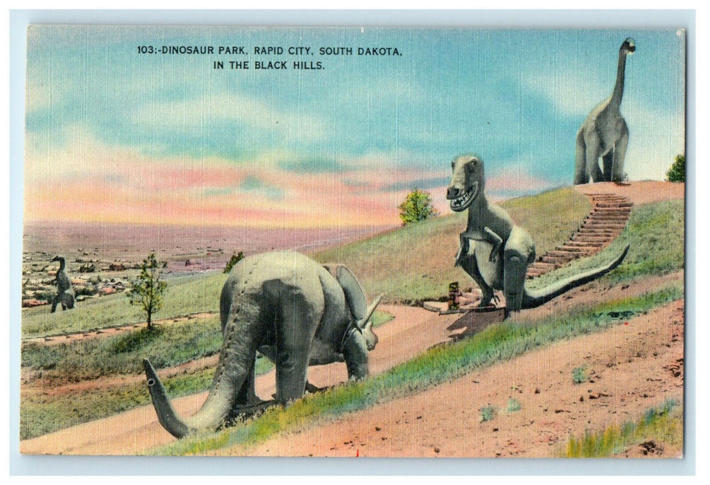 c1940s Dinosaur Park, Rapid City, Black Hills South Dakota SD Postcard