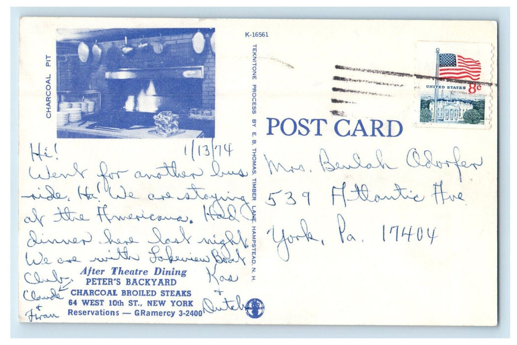 1974 Peter's Backyard Restaurant, New York City New York NY Postcard