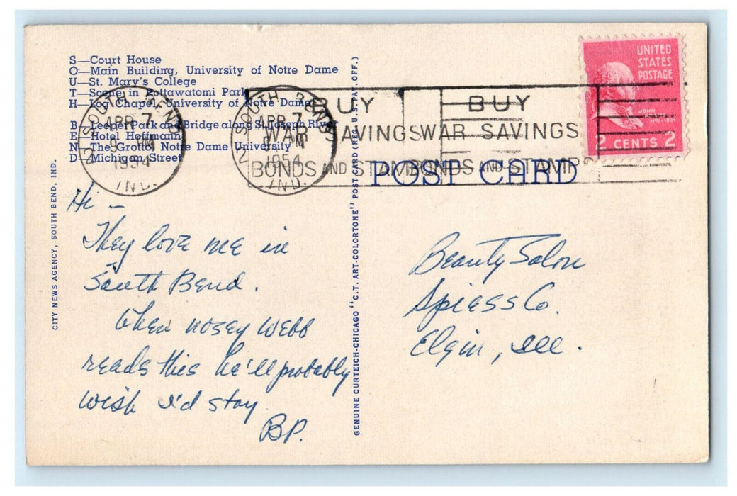 1954 Greetings from South Bend Indiana IN Cancel Posted Postcard